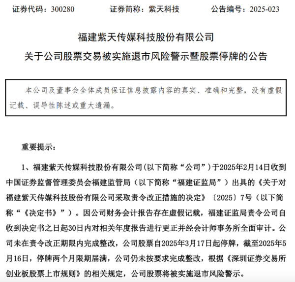 天弘优配 紫天科技：公司股票交易将被实施退市风险警示